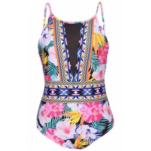 LA BLANCA Floral One Piece Swimsuit Tropical Flower Sheer boho - Picture 1 of 6